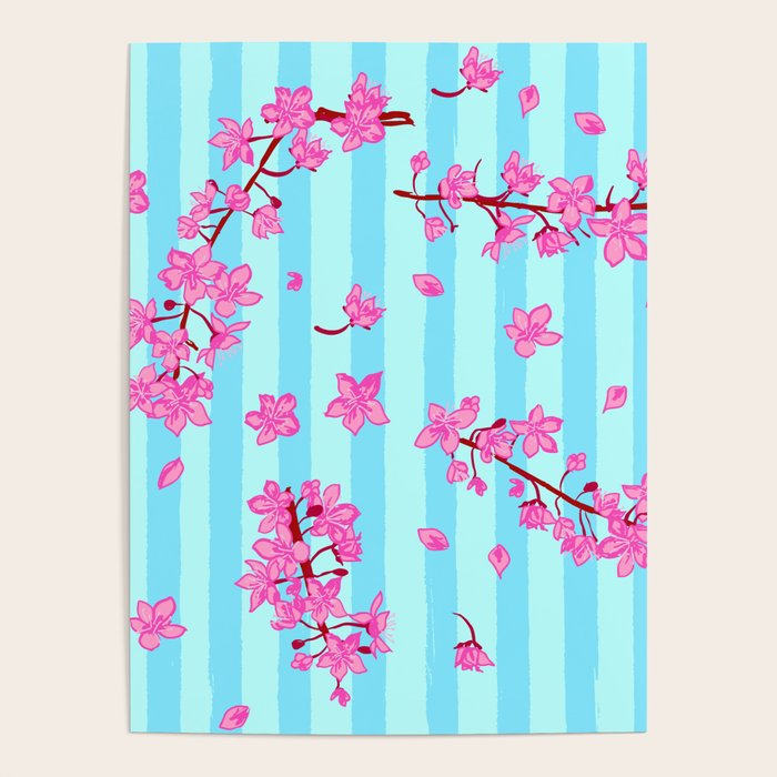 Blue Retro Stripes Sakura Floral Poster Gallery Image 1