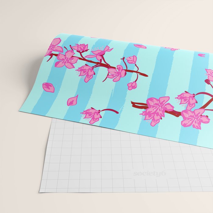Blue Retro Stripes Sakura Floral Wrapping Paper Gallery Image 2