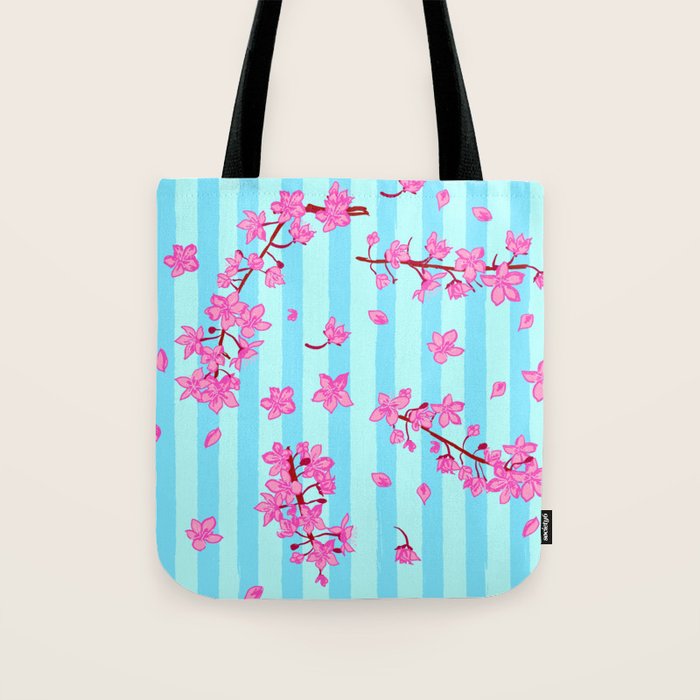 Blue Retro Stripes Sakura Floral Tote Bag Gallery Image 1