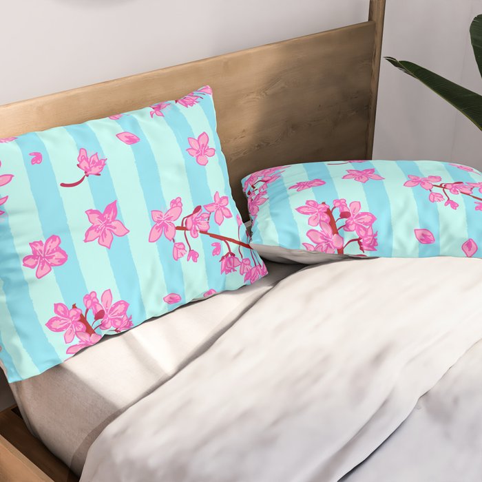 Blue Retro Stripes Sakura Floral Pillow Sham Gallery Image 2