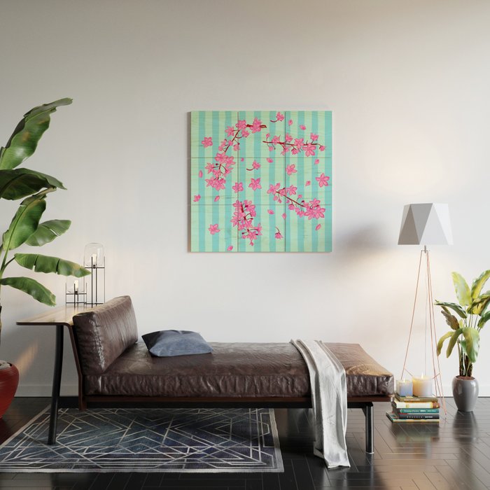 Blue Retro Stripes Sakura Floral Wood Wall Art Gallery Image 2