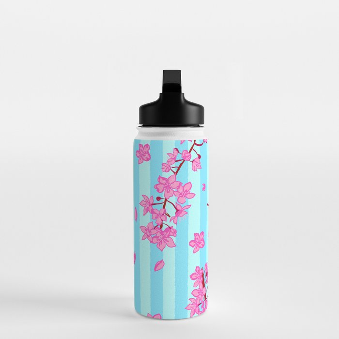 Blue Retro Stripes Sakura Floral Water Bottle Gallery Image 3