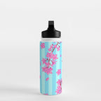 Blue Retro Stripes Sakura Floral Water Bottle Gallery Image 3
