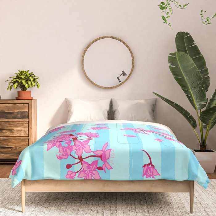 Blue Retro Stripes Sakura Floral Comforter Gallery Image 3