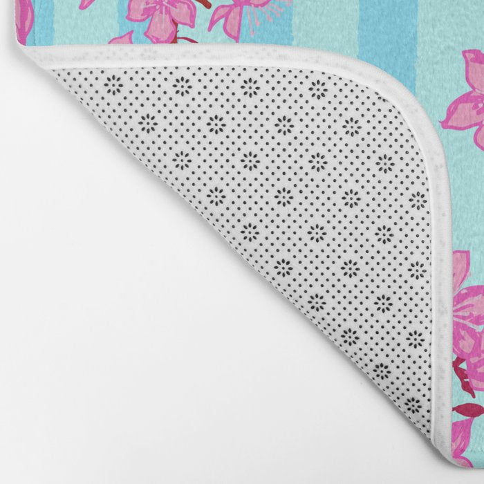 Blue Retro Stripes Sakura Floral Bath Mat Gallery Image 2
