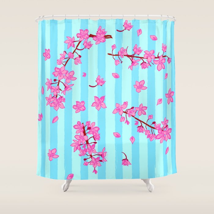 Blue Retro Stripes Sakura Floral Shower Curtain Gallery Image 1