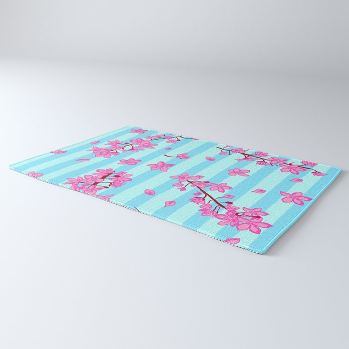 Blue Retro Stripes Sakura Floral Rug Gallery Image 3