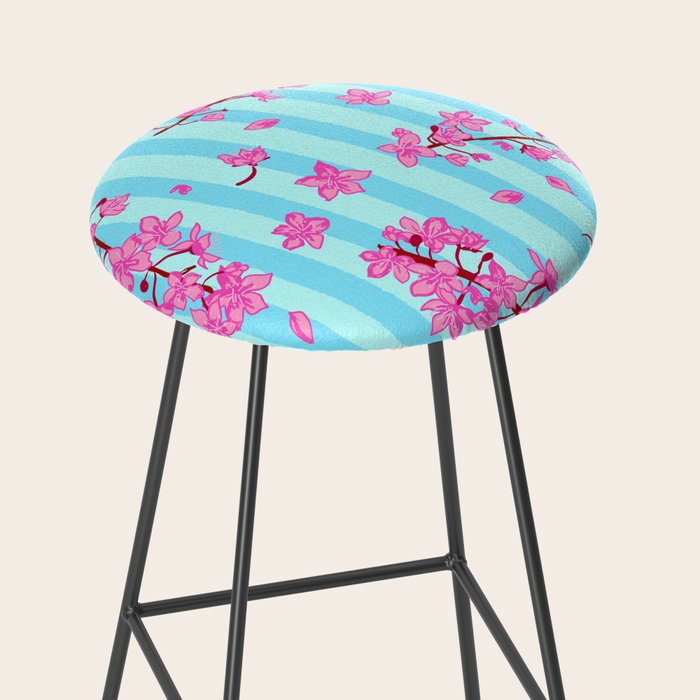 Blue Retro Stripes Sakura Floral Stool Gallery Image 2