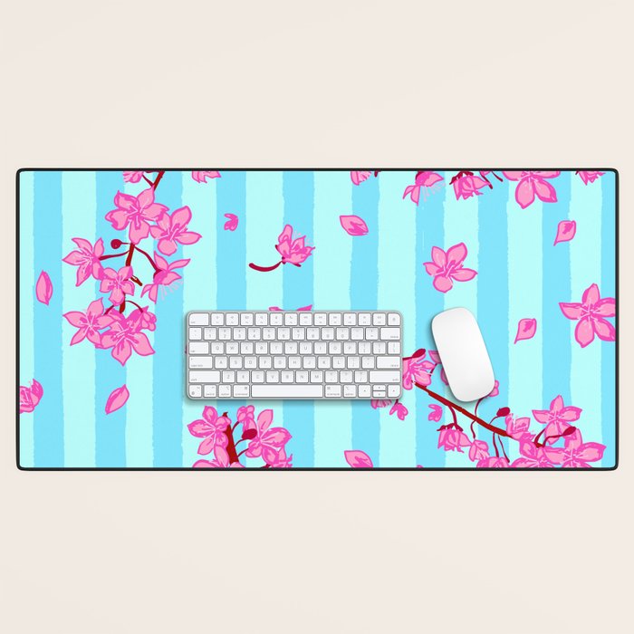 Blue Retro Stripes Sakura Floral Desk Mat Gallery Image 1