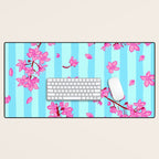 Blue Retro Stripes Sakura Floral Desk Mat Gallery Image 1