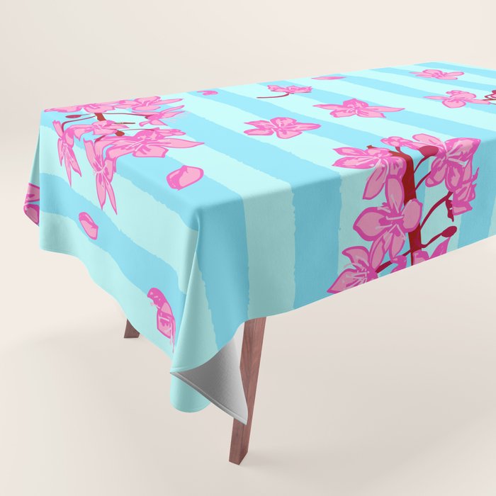 Blue Retro Stripes Sakura Floral Tablecloth Gallery Image 1