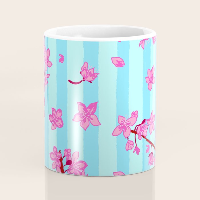 Blue Retro Stripes Sakura Floral Coffee Mug Gallery Image 4