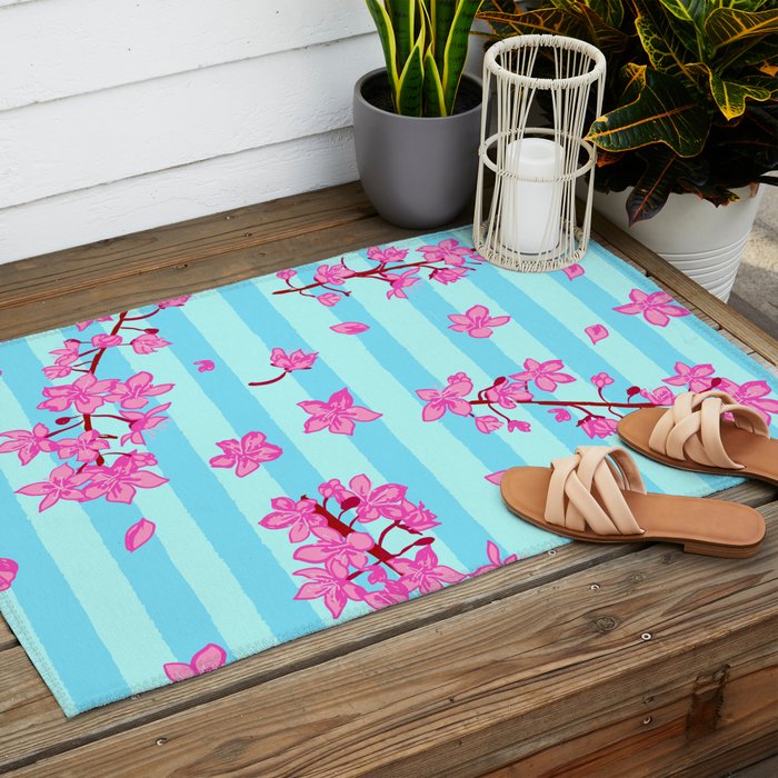 Blue Retro Stripes Sakura Floral Outdoor Rug Gallery Image 2