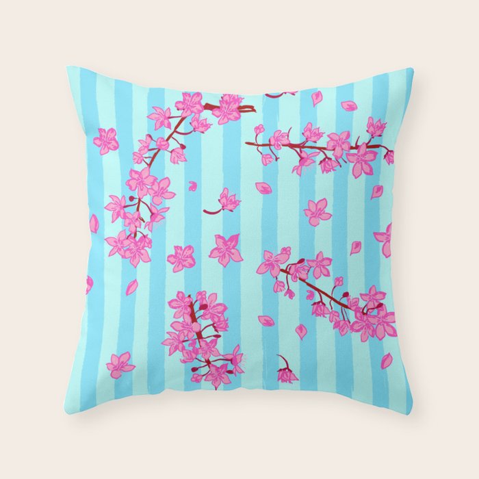 Blue Retro Stripes Sakura Floral Throw Pillow Gallery Image 1