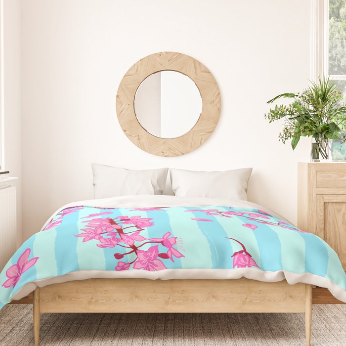 Blue Retro Stripes Sakura Floral Duvet Cover Gallery Image 3