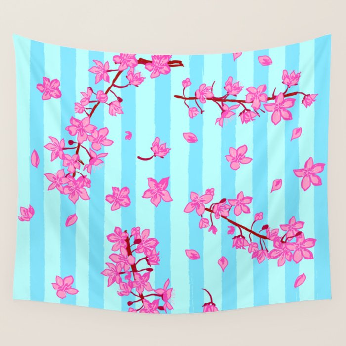 Blue Retro Stripes Sakura Floral Wall Tapestry Gallery Image 1
