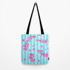 Blue Retro Stripes Sakura Floral Tote Bag Gallery Image 2