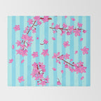 Blue Retro Stripes Sakura Floral Throw Blanket Gallery Image 2