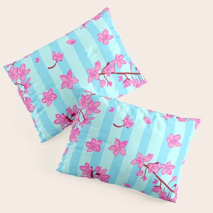 Blue Retro Stripes Sakura Floral Pillow Sham Gallery Image 3