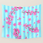 Blue Retro Stripes Sakura Floral Wall Tapestry Gallery Image 4