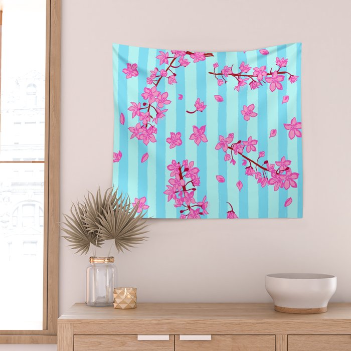 Blue Retro Stripes Sakura Floral Wall Tapestry Gallery Image 2