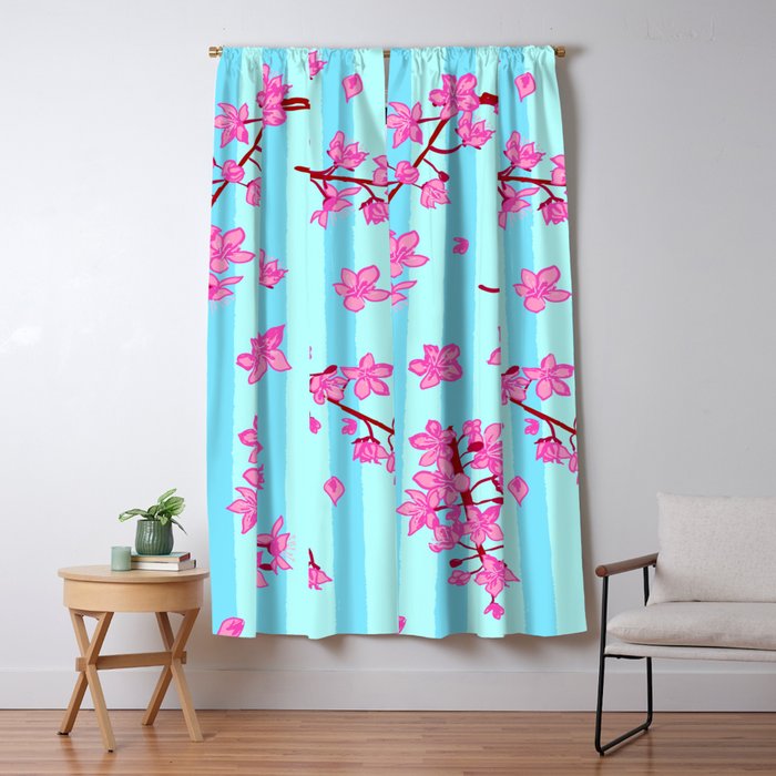Blue Retro Stripes Sakura Floral Window Curtain Gallery Image 5