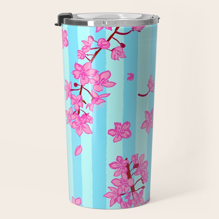 Blue Retro Stripes Sakura Floral Travel Mug Gallery Image 3