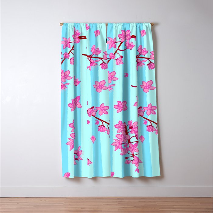 Blue Retro Stripes Sakura Floral Window Curtain Gallery Image 3