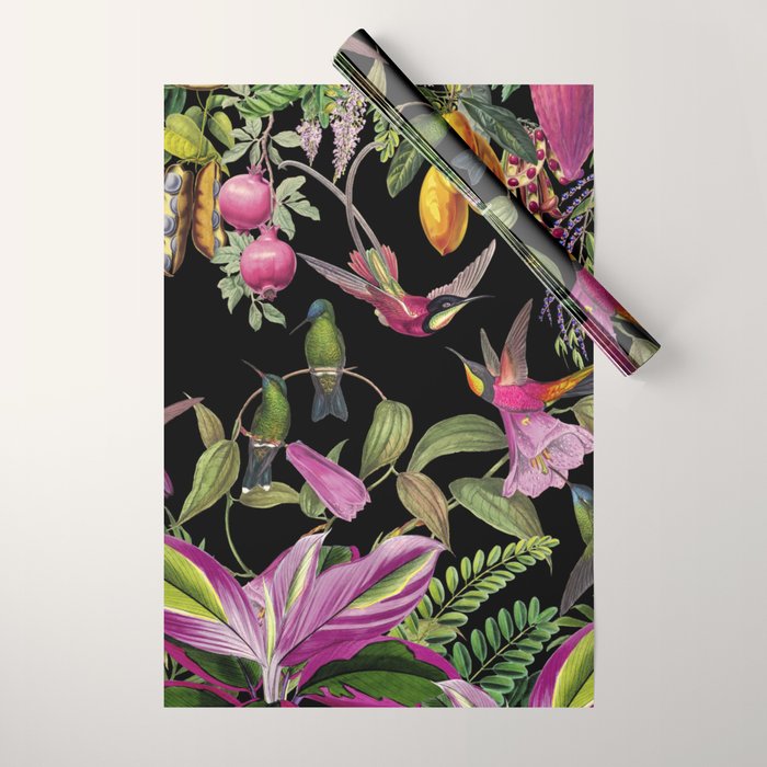 Hidden Exotic Hummingbird Paradise Black Wrapping Paper Gallery Image 1