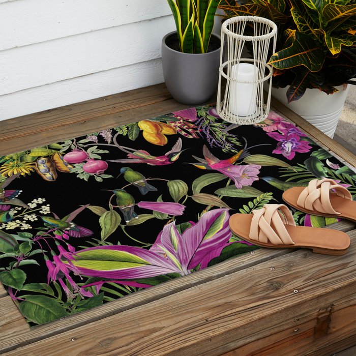 Hidden Exotic Hummingbird Paradise Black Outdoor Rug Gallery Image 2