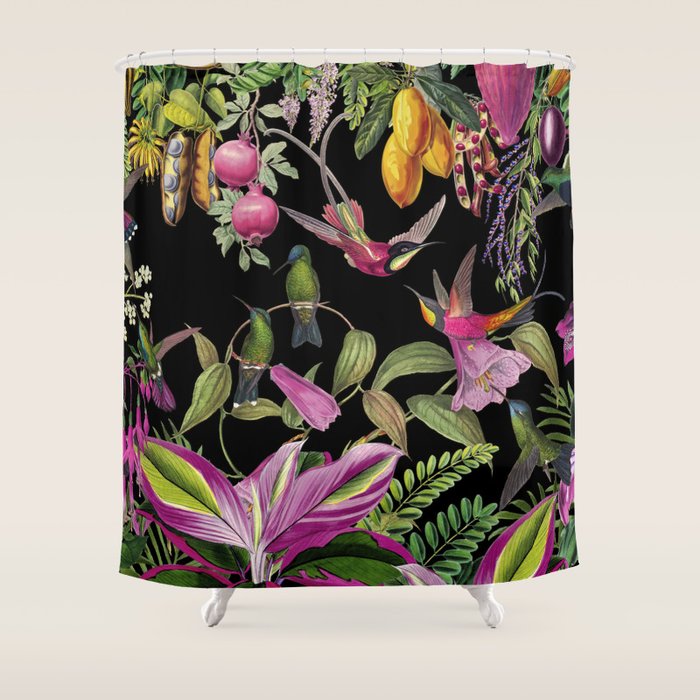 Hidden Exotic Hummingbird Paradise Black Shower Curtain Gallery Image 1