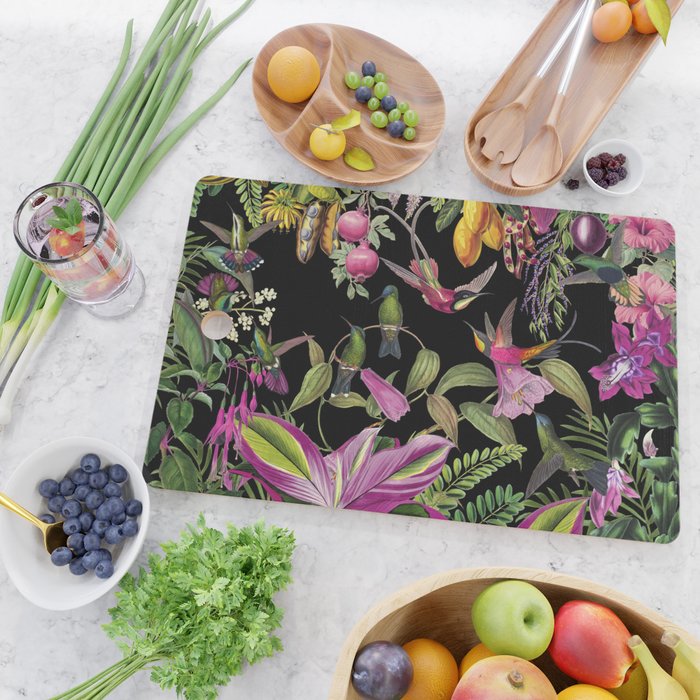 Hidden Exotic Hummingbird Paradise Black Cutting Board Gallery Image 2