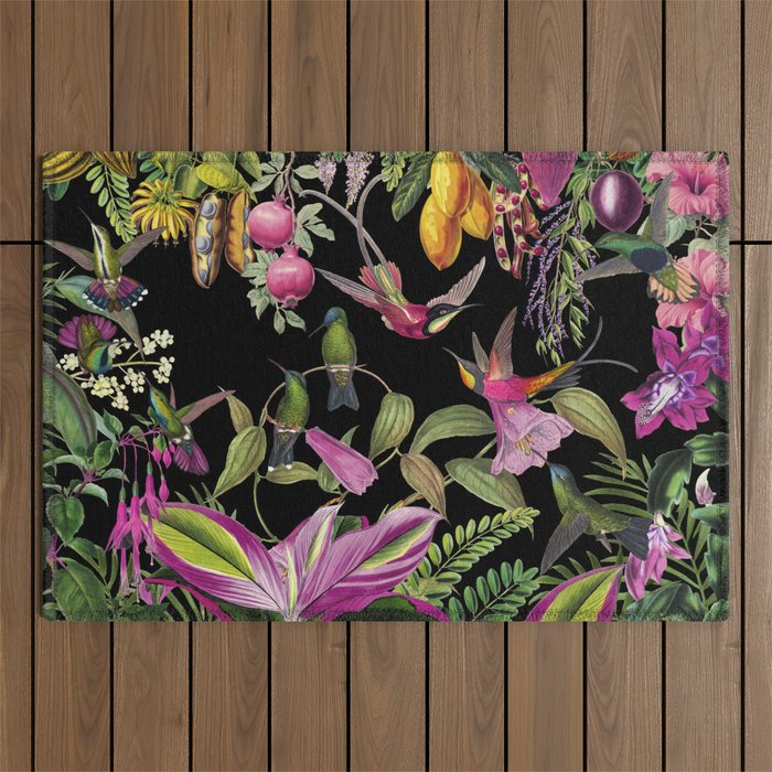 Hidden Exotic Hummingbird Paradise Black Outdoor Rug Gallery Image 1