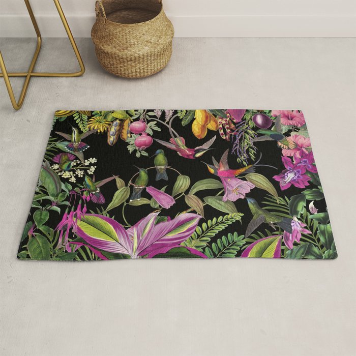 Hidden Exotic Hummingbird Paradise Black Rug Gallery Image 1