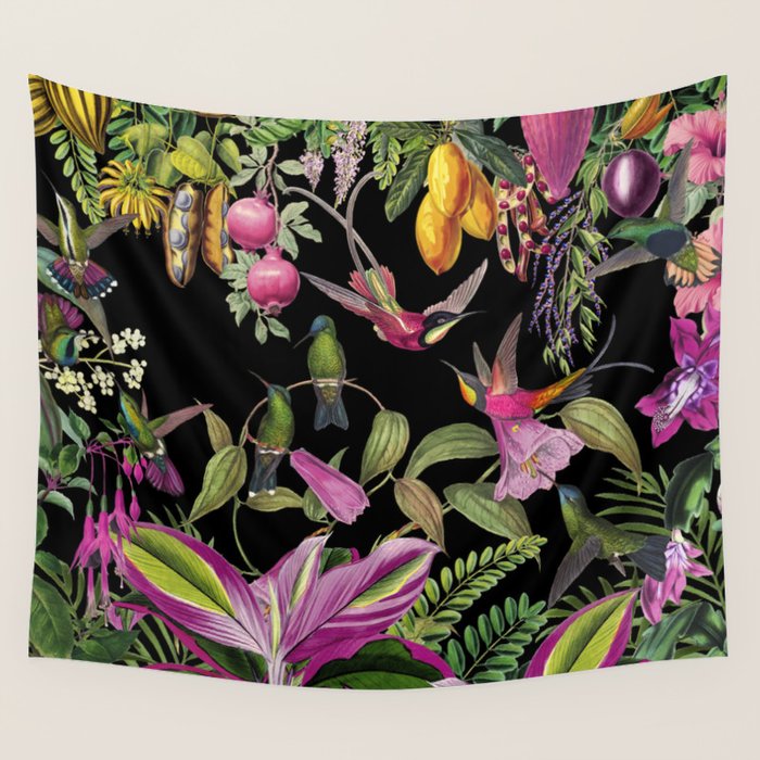 Hidden Exotic Hummingbird Paradise Black Wall Tapestry Gallery Image 1
