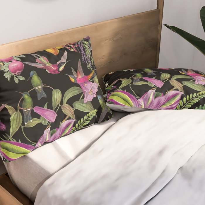 Hidden Exotic Hummingbird Paradise Black Pillow Sham Gallery Image 2