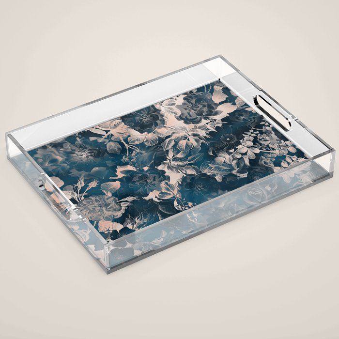 Rustic modern navy blue white gradient floral Acrylic Tray Gallery Image 1