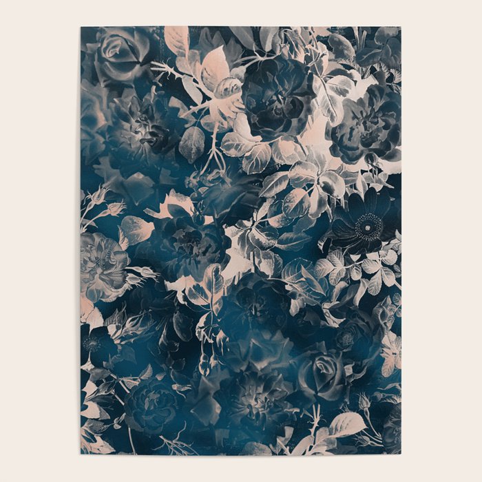 Rustic modern navy blue white gradient floral Poster Gallery Image 4