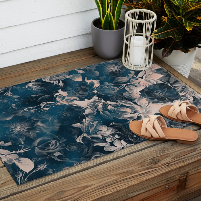Rustic modern navy blue white gradient floral Outdoor Rug Gallery Image 2