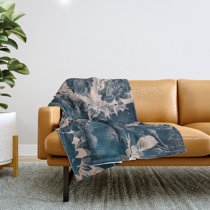 Rustic modern navy blue white gradient floral Throw Blanket Gallery Image 1