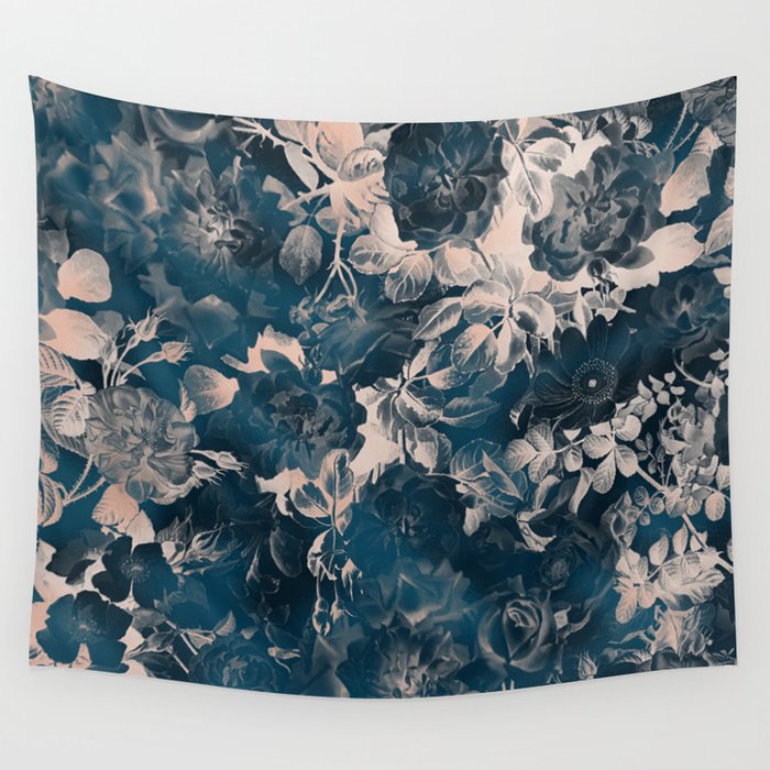 Rustic modern navy blue white gradient floral Wall Tapestry Gallery Image 4