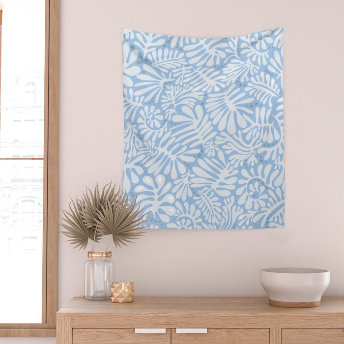 Matisse leaves pattern modern minimalistic light sky blue Wall Tapestry Gallery Image 2
