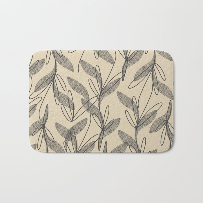 Mid Century Modern Botanical Pattern in Charcoal Gray and Beige Bath Mat Gallery Image 1