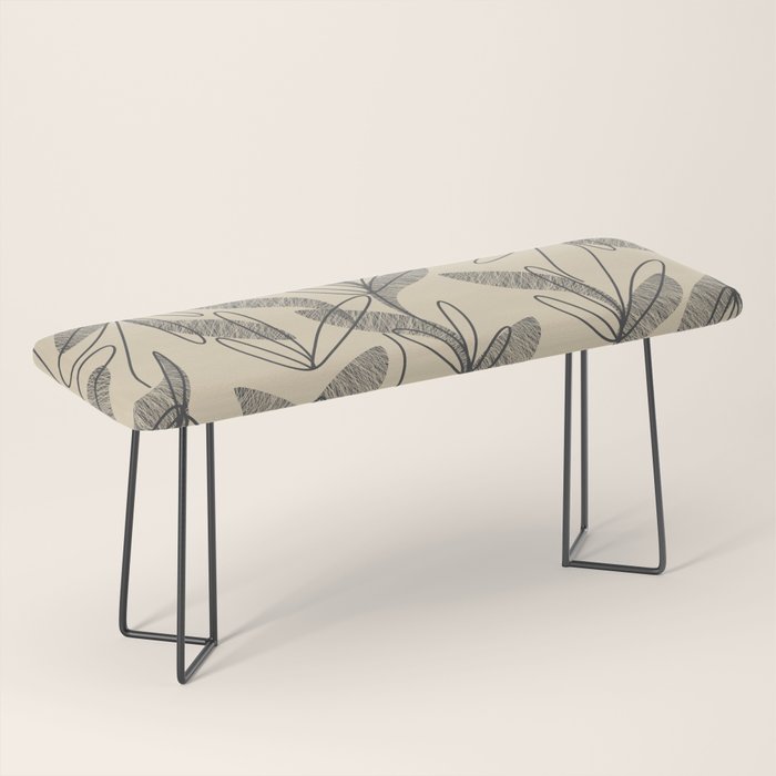 Mid Century Modern Botanical Pattern in Charcoal Gray and Beige Bench Gallery Image 1