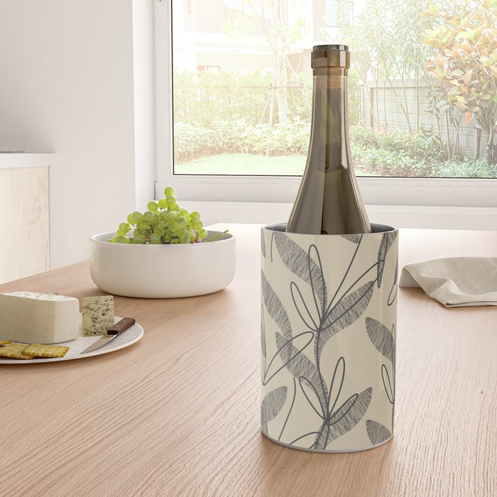Mid Century Modern Botanical Pattern in Charcoal Gray and Beige Wine Chiller Gallery Image 4