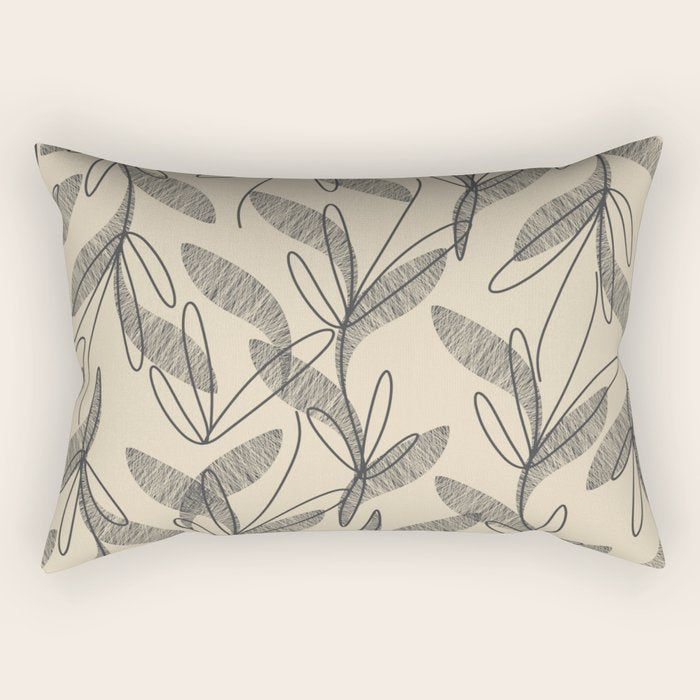 Mid Century Modern Botanical Pattern in Charcoal Gray and Beige Rectangular Pillow Gallery Image 2