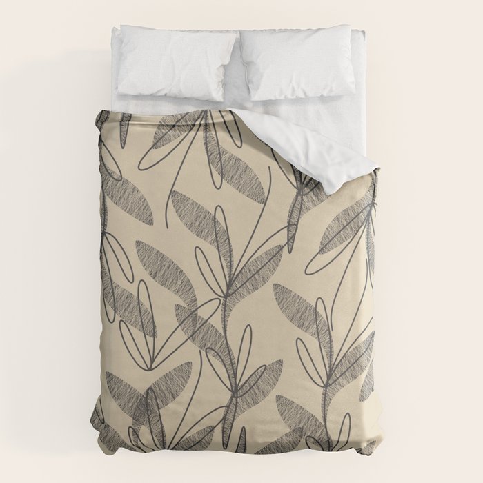 Mid Century Modern Botanical Pattern in Charcoal Gray and Beige Duvet Cover Gallery Image 6