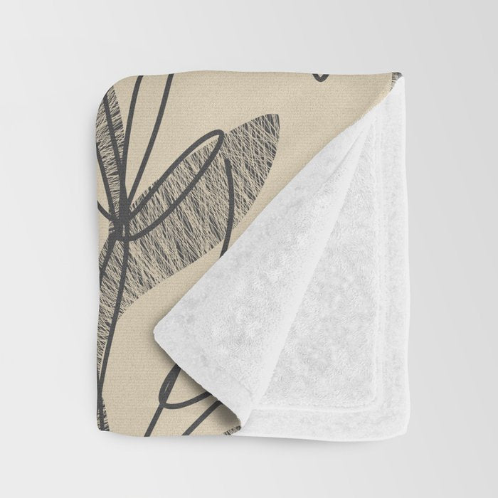 Mid Century Modern Botanical Pattern in Charcoal Gray and Beige Throw Blanket Gallery Image 3