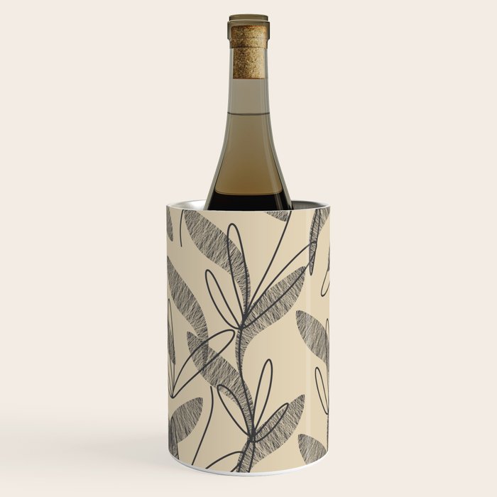 Mid Century Modern Botanical Pattern in Charcoal Gray and Beige Wine Chiller Gallery Image 1