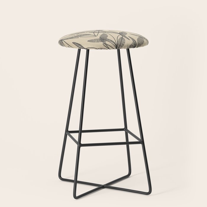 Mid Century Modern Botanical Pattern in Charcoal Gray and Beige Stool Gallery Image 1